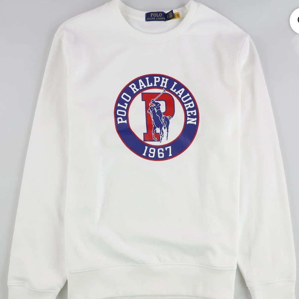 Polo Ralph Lauren White Crewneck Sweater with Red and Blue Logo